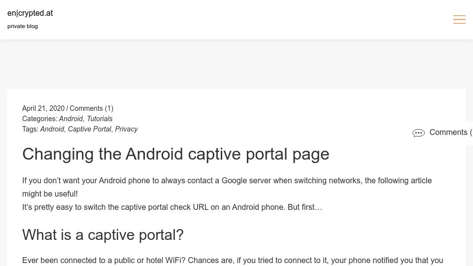 Screenshot of encrypted.at: Changing the Android captive portal page (2020)