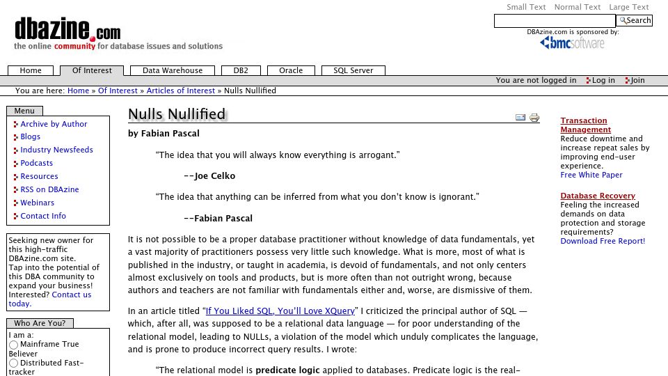 Screenshot of dbazine.com: Nulls Nullified (2005)