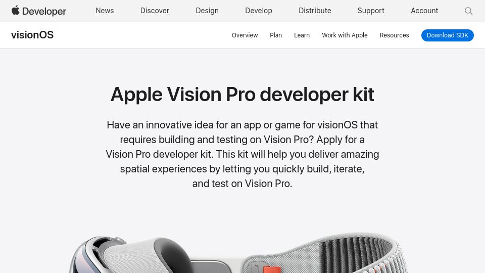 Screenshot of developer.apple.com: Apple Vision Pro developer kit