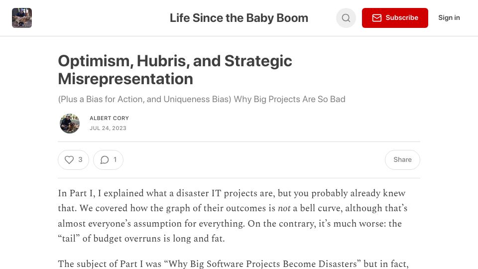 Screenshot of albertcory50.substack.com: Optimism, Hubris, and Strategic Misrepresentation
