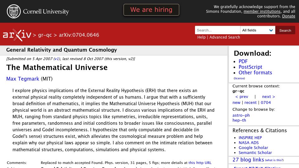 Screenshot of arxiv.org: The Mathematical Universe Hypothesis (2007)