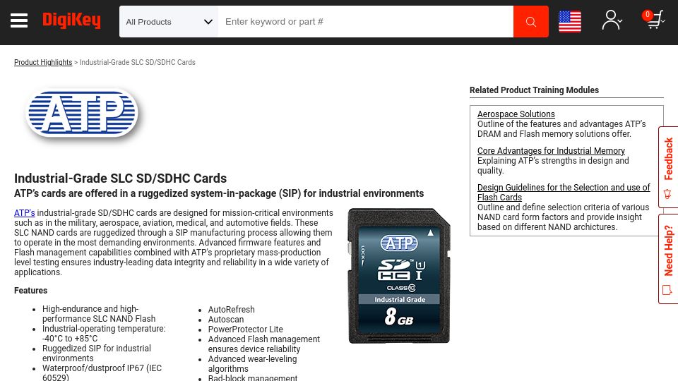 Screenshot of digikey.com: Industrial-Grade SD/SDHC Cards – ATP – DigiKey