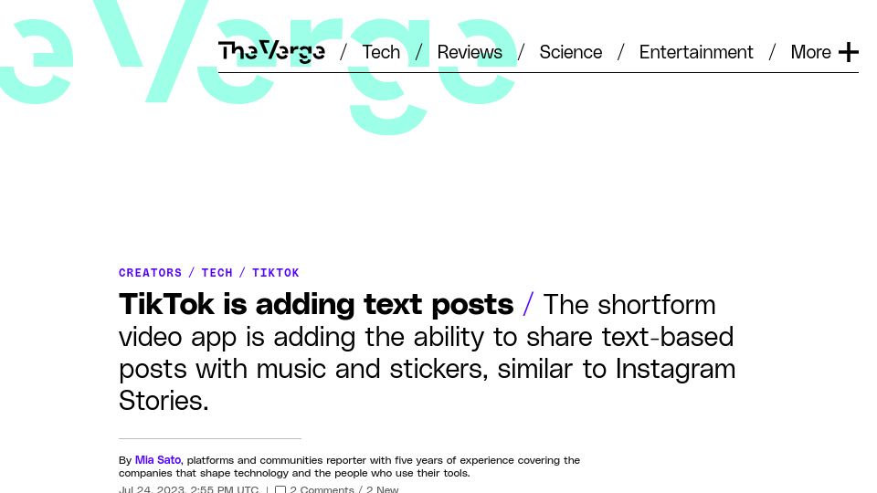Screenshot of theverge.com: TikTok is adding text posts
