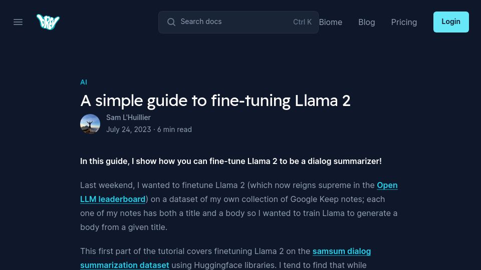 Screenshot of brev.dev: A simple guide to fine-tuning Llama 2