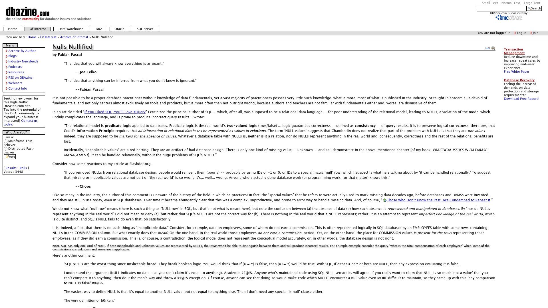 Screenshot of dbazine.com: Nulls Nullified (2005)