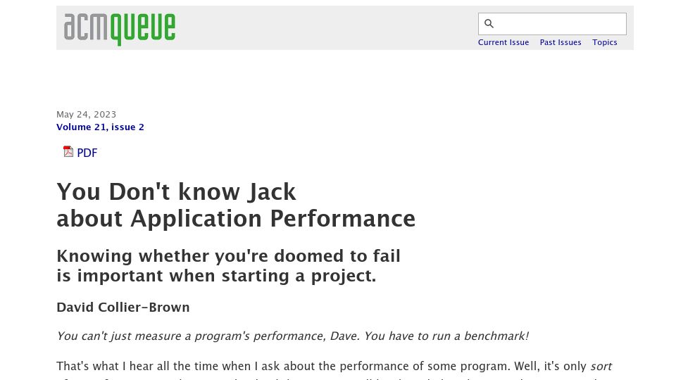 Screenshot of queue.acm.org: How capacity planners credibly estimate application performance
