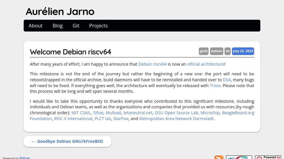 Screenshot of blog.aurel32.net: Debian riscv64