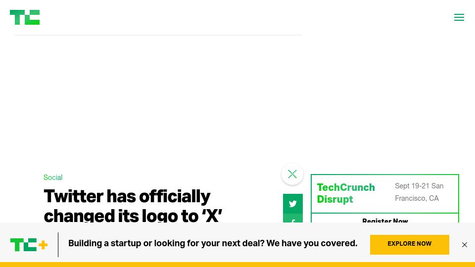 Screenshot of techcrunch.com: Twitter has officially changed its logo to ‘X’