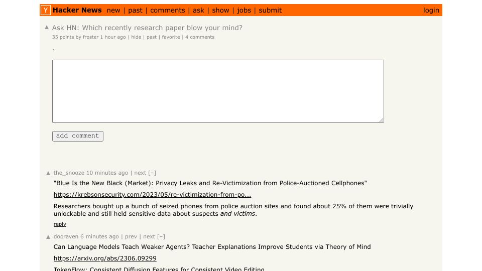 Screenshot of Hacker News post: Ask HN: Which recent research paper blew your mind?