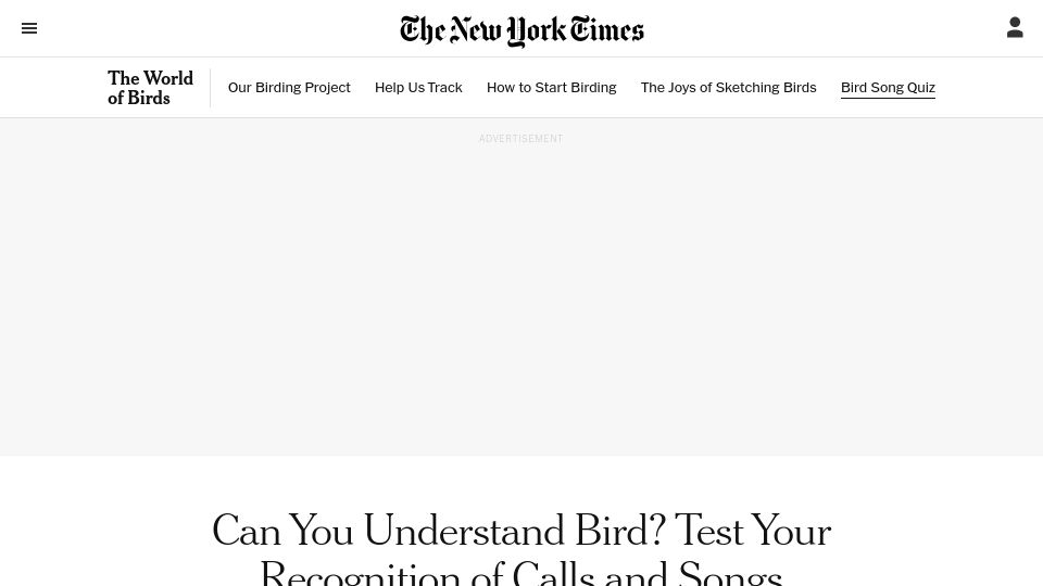 Screenshot of nytimes.com: Can you understand bird? Test your recognition of calls and songs