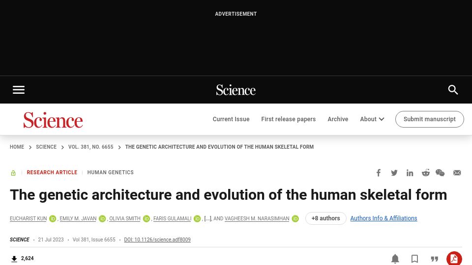 Screenshot of science.org: The genetic architecture and evolution of the human skeletal form