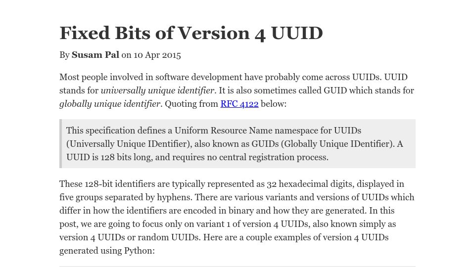 Screenshot of susam.net: Fixed Bits of Version 4 UUID (2015)