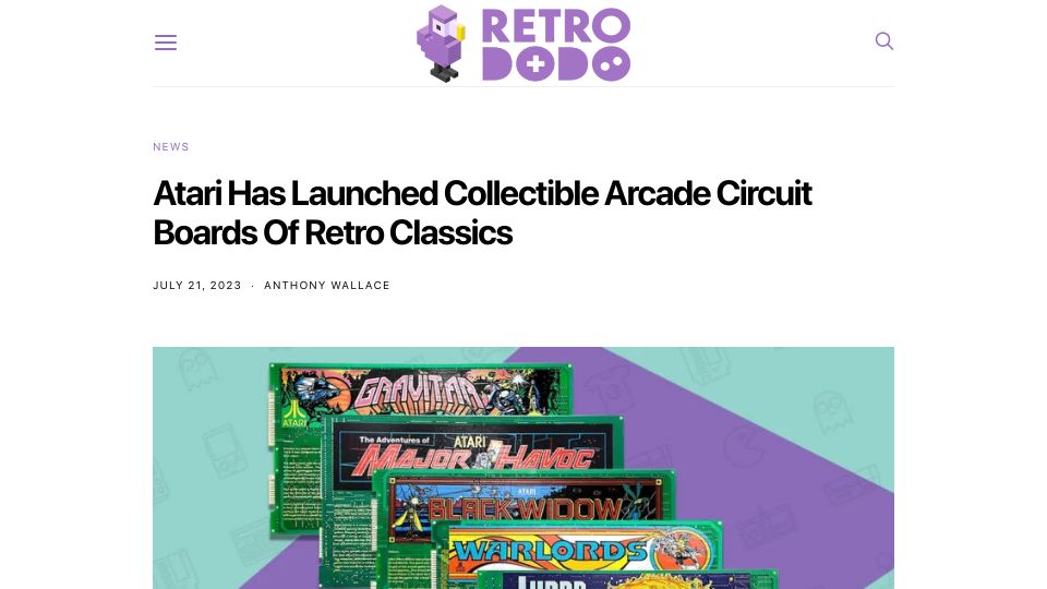 Screenshot of retrododo.com: Atari Has Launched Collectible Arcade Circuit Boards of Retro Classics