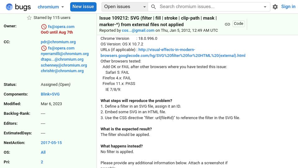 Screenshot of bugs.chromium.org: SVG Chromium bug is more than 10 years old