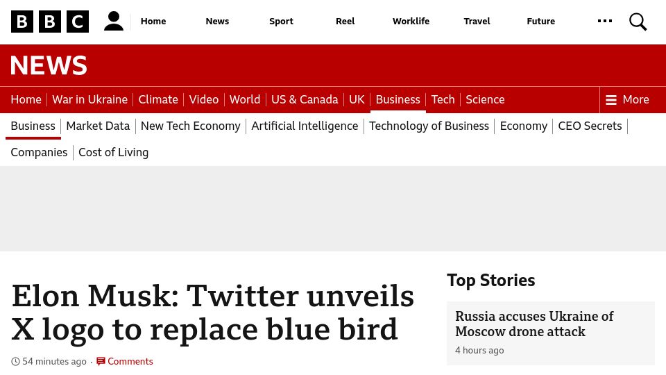 Screenshot of bbc.com: Twitter unveils X logo to replace blue bird