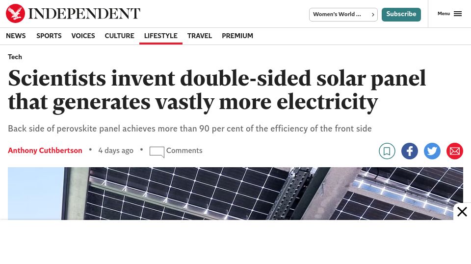 Screenshot of independent.co.uk: Scientists invent double-sided solar panel that generates way more electricity