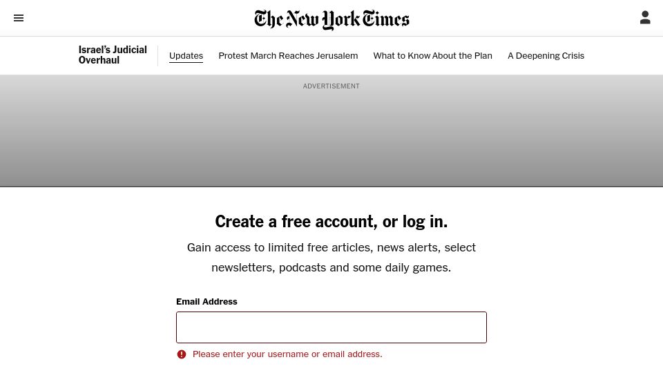 Screenshot of nytimes.com: Israeli parliament passes law to limit judicial power
