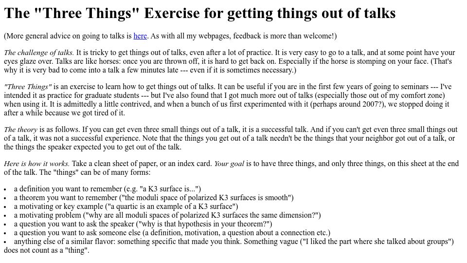 Screenshot of math.stanford.edu: The “three things” exercise for getting things out of talks (2011)