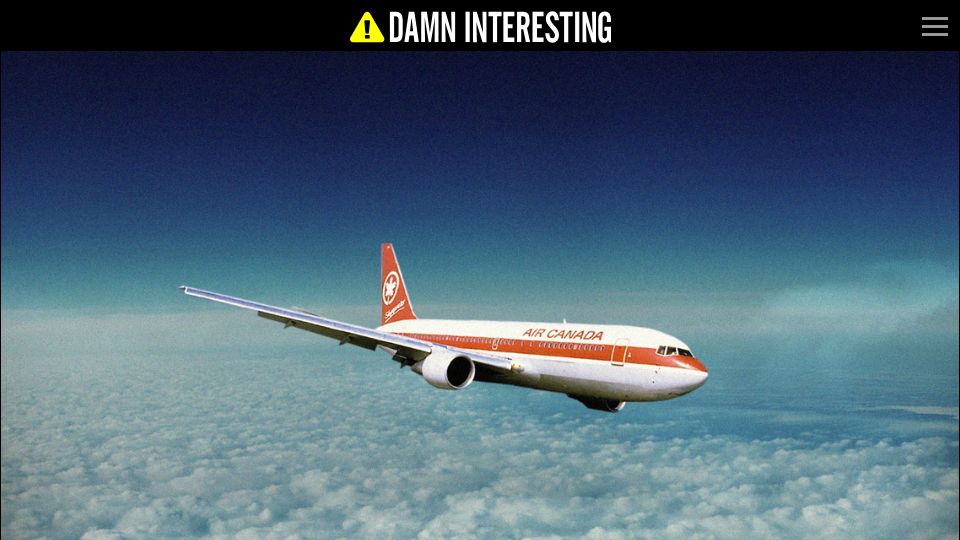 Screenshot of damninteresting.com: 40 years ago yesterday Air Canada Flight 143 ran out of fuel mid-flight