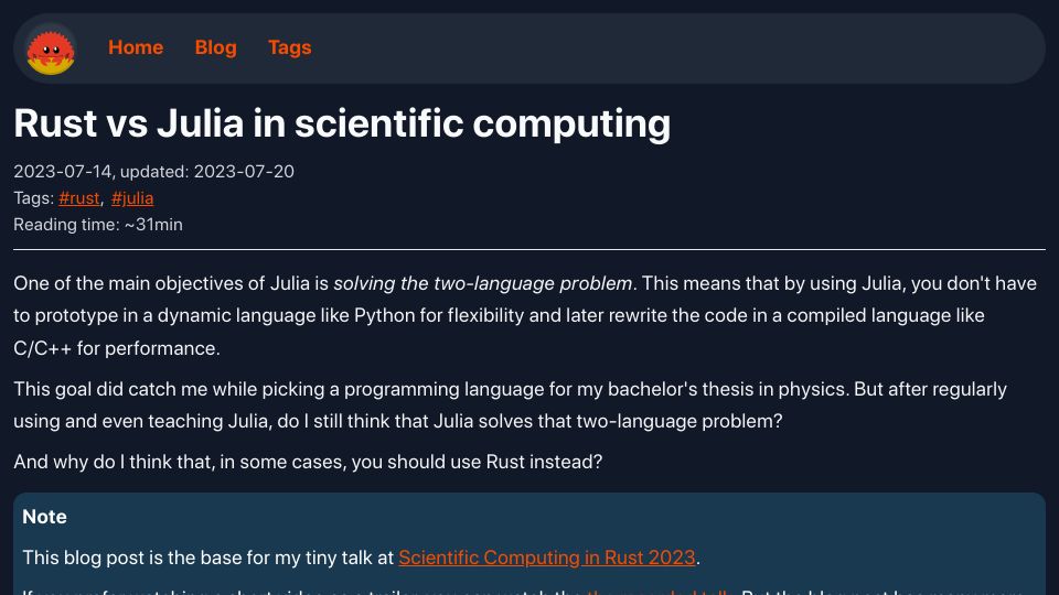 Screenshot of mo8it.com: Rust vs. Julia in Scientific Computing