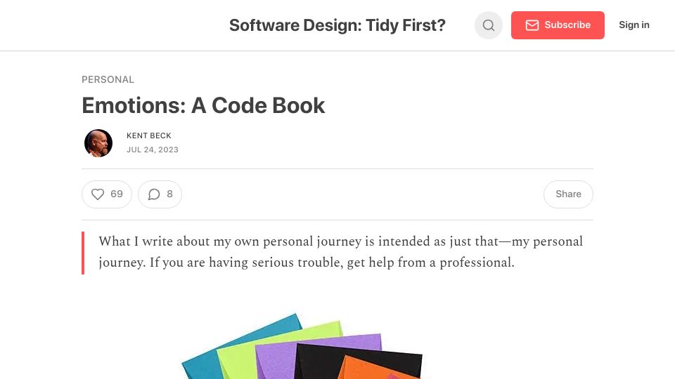 Screenshot of tidyfirst.substack.com: Emotions: A Code Book
