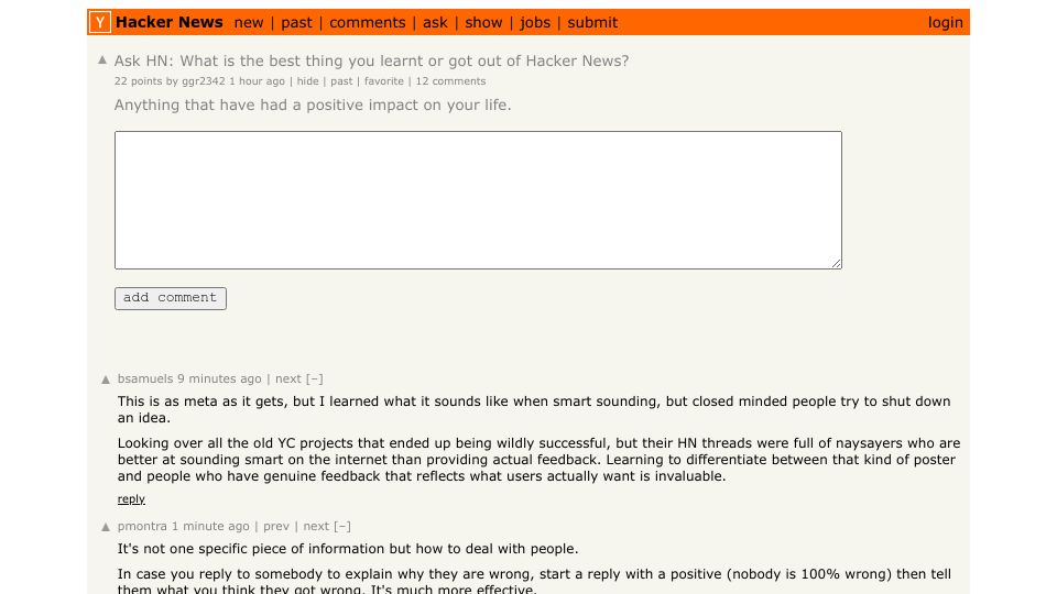 Screenshot of Hacker News post: Ask HN: What is the best thing you learnt or got out of Hacker News?