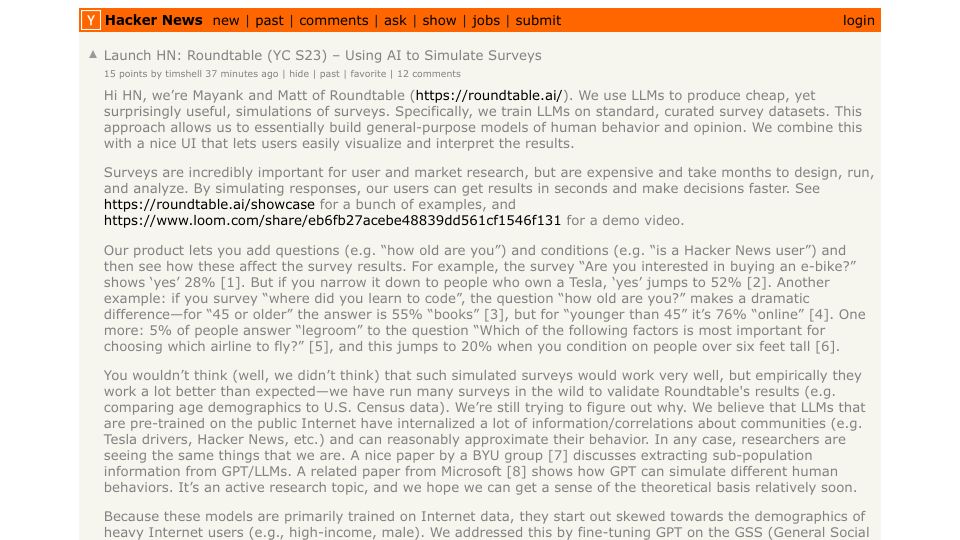 Screenshot of Hacker News post: Launch HN: Roundtable (YC S23) – Using AI to Simulate Surveys