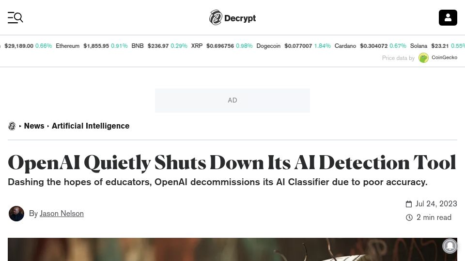 Screenshot of decrypt.co: OpenAI shuts down its AI Classifier due to poor accuracy