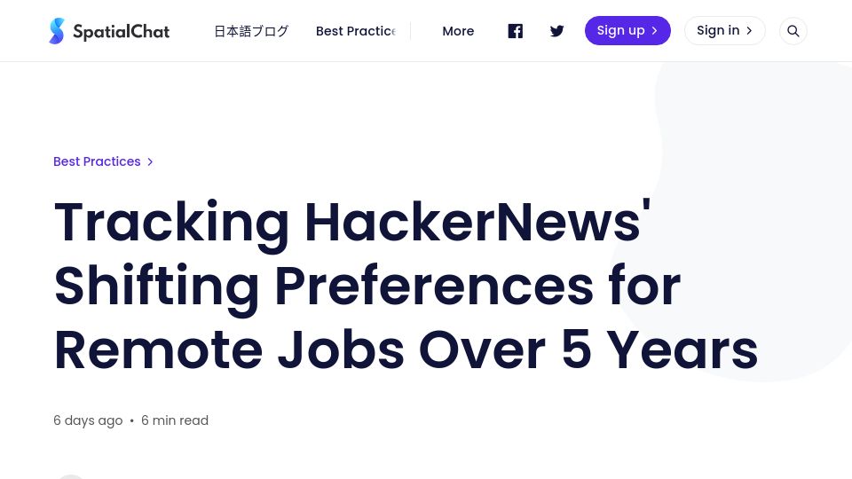 Screenshot of blog.spatial.chat: Remote work on HN: Who is hiring? – 69% jobs in 2023 are remote