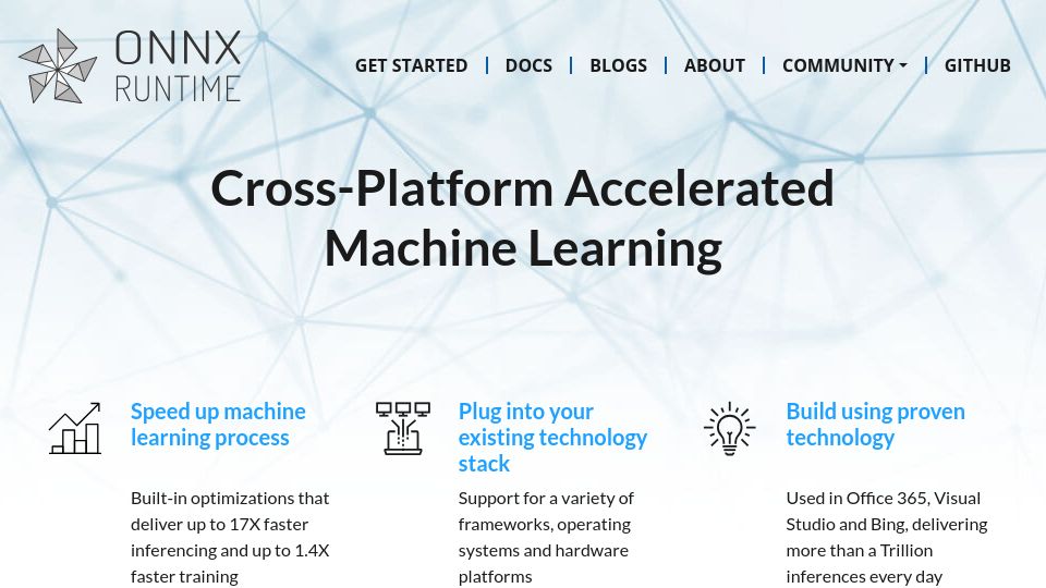 Screenshot of onnxruntime.ai: ONNX runtime: Cross-platform accelerated machine learning