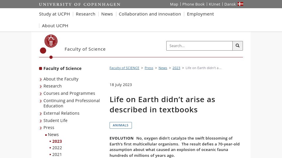 Screenshot of science.ku.dk: Life on Earth didn’t arise as described in textbooks