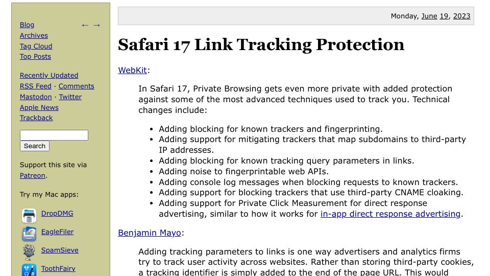 Screenshot of mjtsai.com: Safari 17 Link Tracking Protection