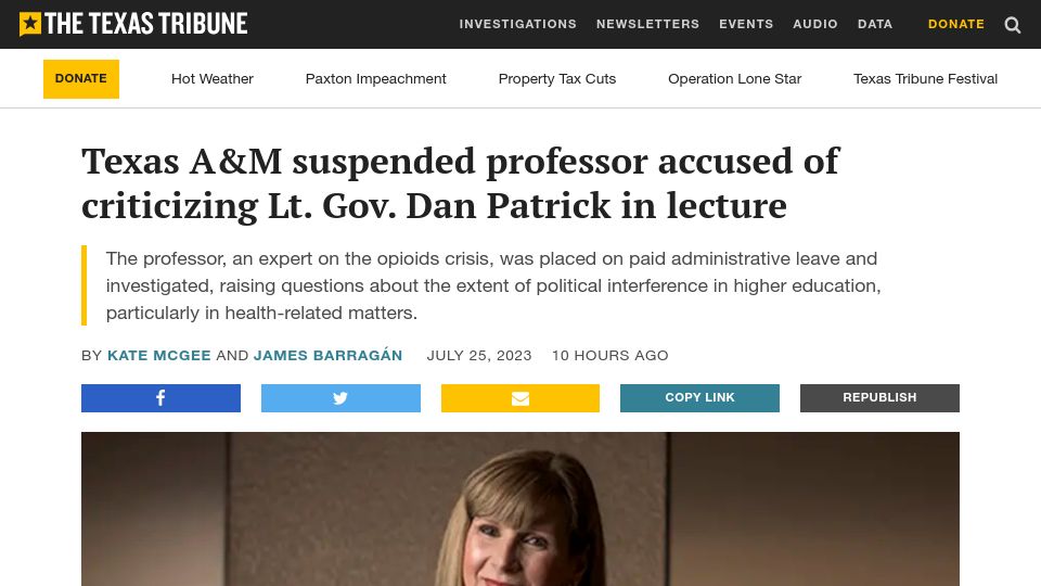 Screenshot of texastribune.org: Texas A&M suspended professor accused of criticizing Lt. Gov. Patrick in lecture