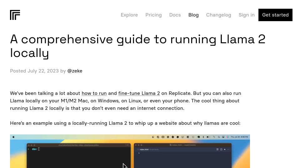 Screenshot of replicate.com: Guide to running Llama 2 locally
