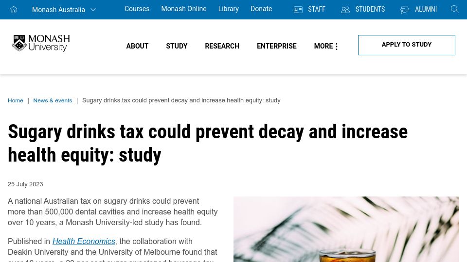 Screenshot of monash.edu: Sugary drinks tax could prevent decay and increase health equity: study