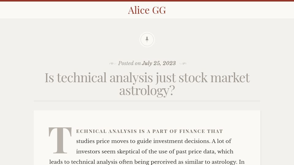 Screenshot of alicegg.tech: Is technical analysis just stock market astrology?