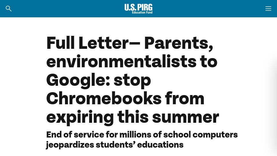 Screenshot of pirg.org: Parents, environmentalists to Google: stop Chromebooks from expiring this summer