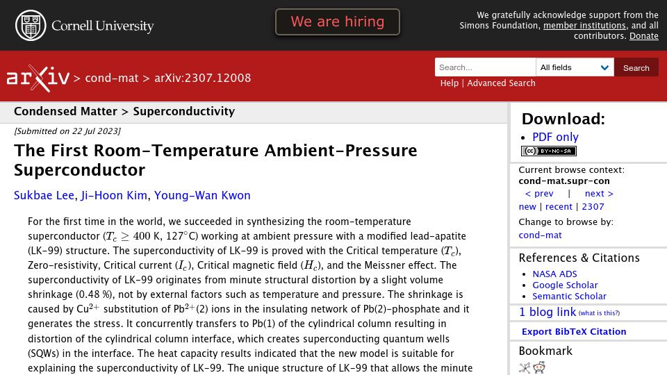 Screenshot of arxiv.org: The first room-temperature ambient-pressure superconductor?