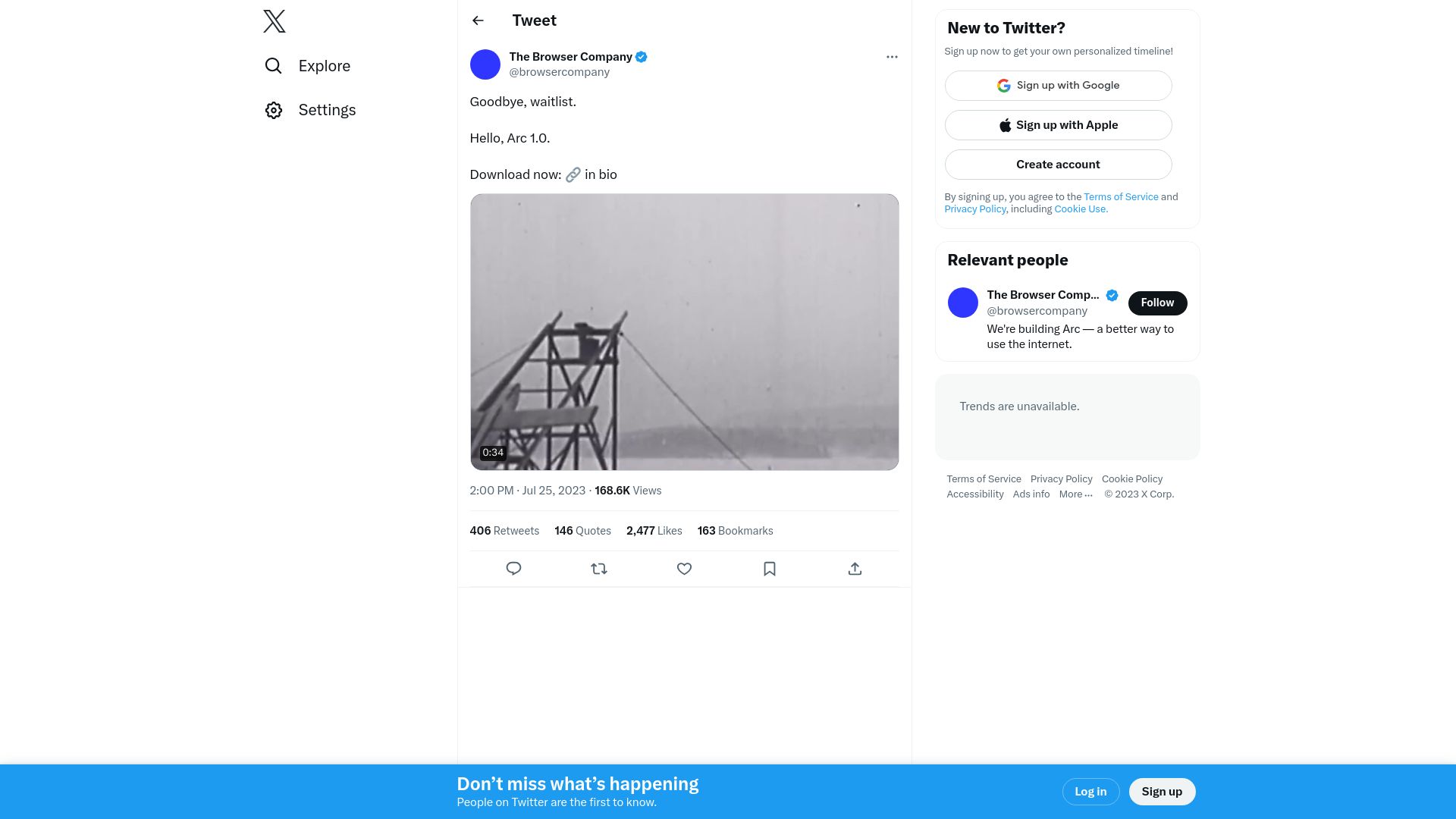 Screenshot of twitter.com: Goodbye, waitlist. Hello, Arc 1.0
