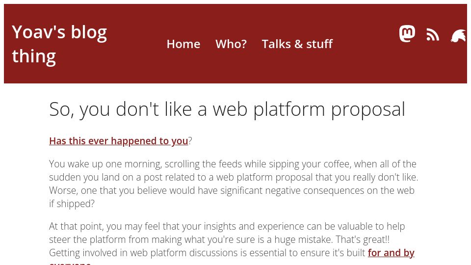 Screenshot of blog.yoav.ws: Contributor to Google's WEI repo: So, you don't like a web platform proposal