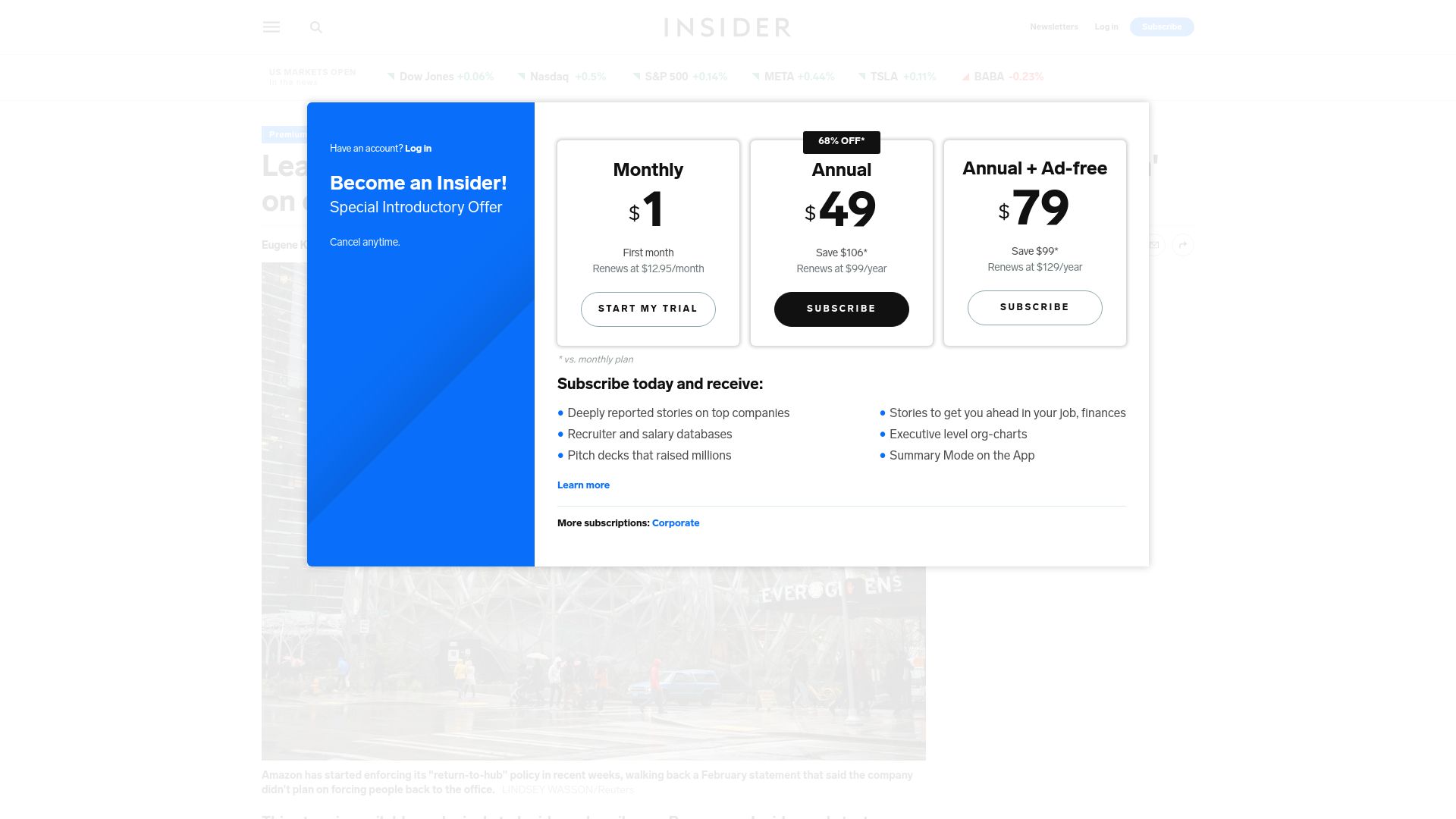 Screenshot of businessinsider.com: Amazon to force 'voluntary resignation' on workers who don't relocate