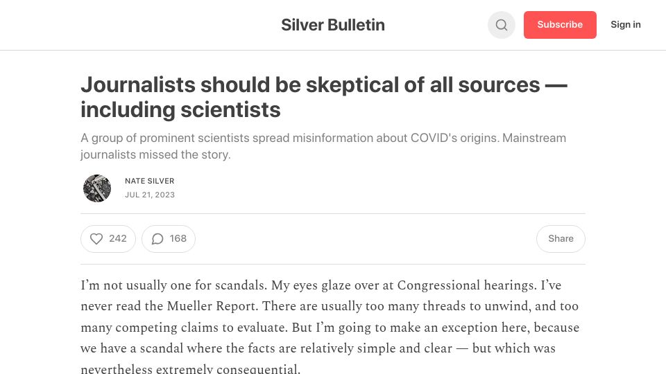 Screenshot of natesilver.net: Journalists should be skeptical of all sources including scientists