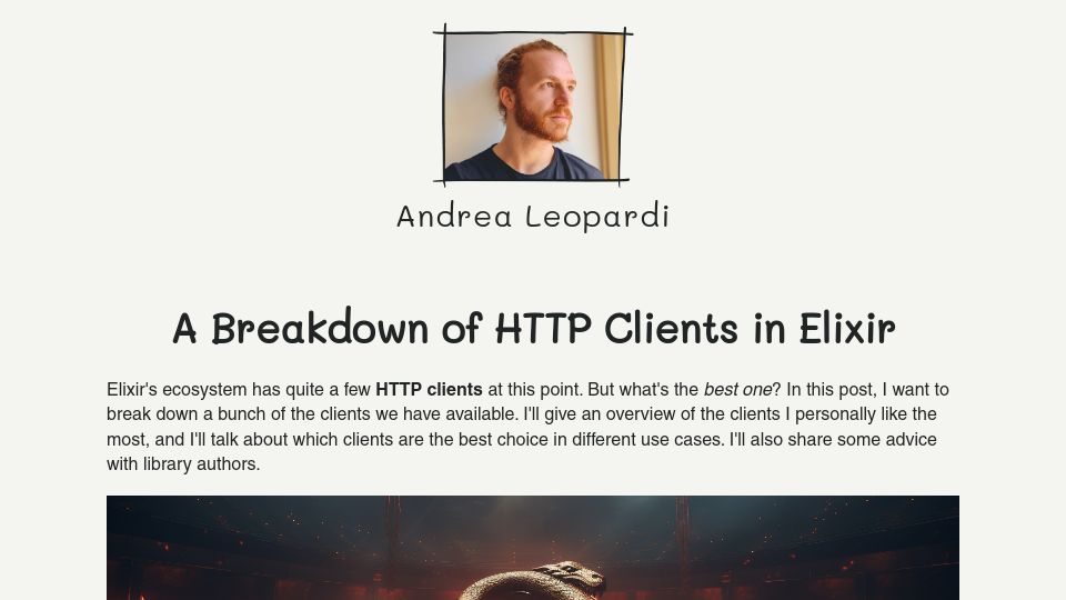 Screenshot of andrealeopardi.com: A Breakdown of HTTP Clients in Elixir