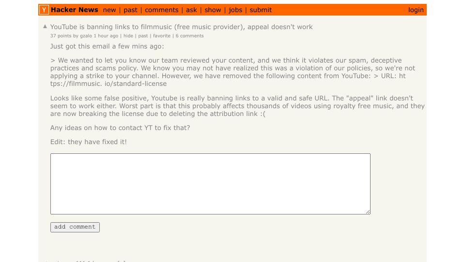 Screenshot of Hacker News post: YouTube is banning links to filmmusic (free music provider), appeal doesn't work