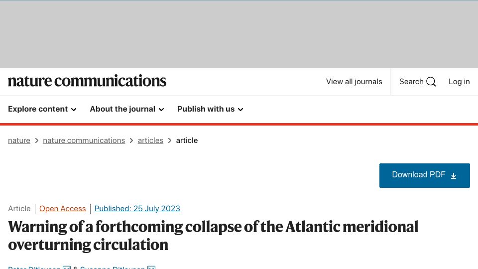 Screenshot of nature.com: A forthcoming collapse of the Atlantic meridional overturning circulation