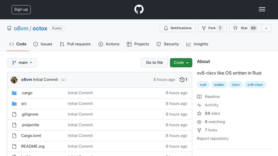Screenshot of github.com: Octox: Unix-like OS in Rust inspired by xv6-riscv