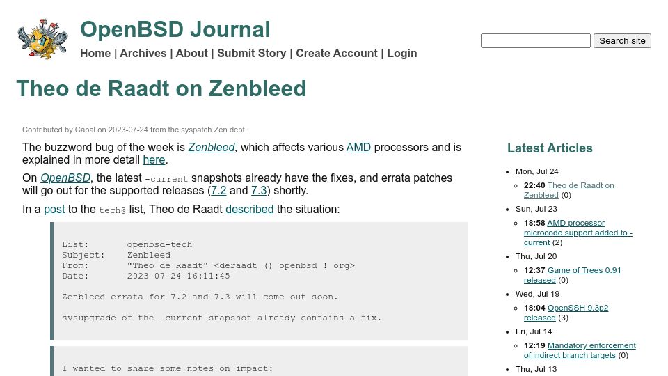 Screenshot of undeadly.org: Theo de Raadt on Zenbleed