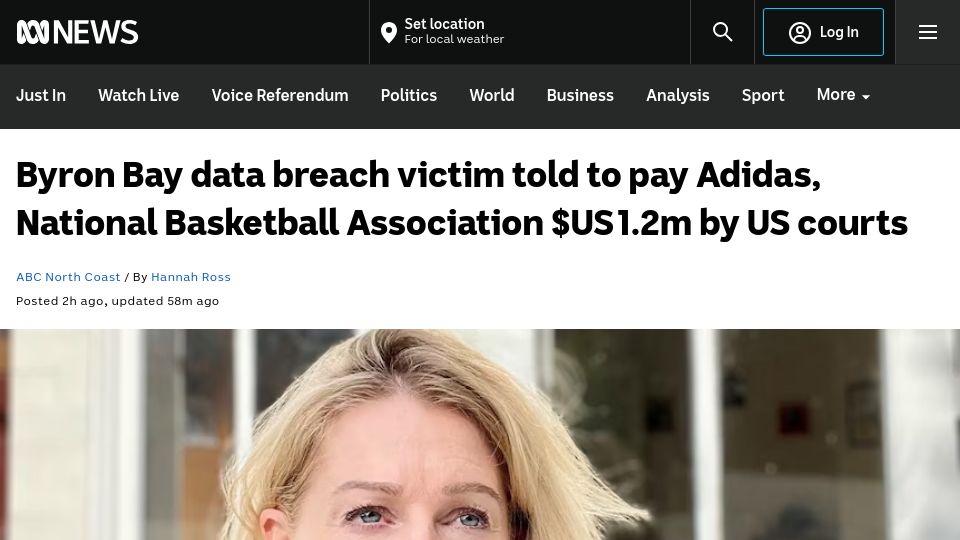 Screenshot of abc.net.au: Byron Bay data breach victim told to pay Adidas, NBA $1.2M by US courts