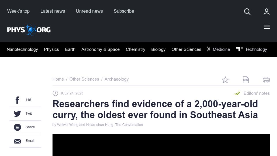 Screenshot of phys.org: Researchers find evidence of a 2000 year old curry, oldest ever found in SE Asia