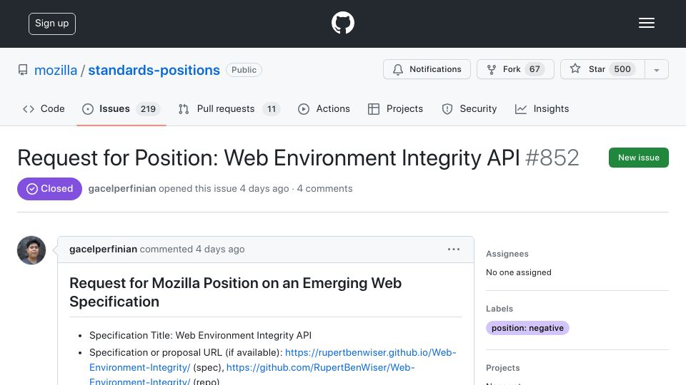 Screenshot of github.com: Mozilla Standards Positions Opposes Web Integrity API